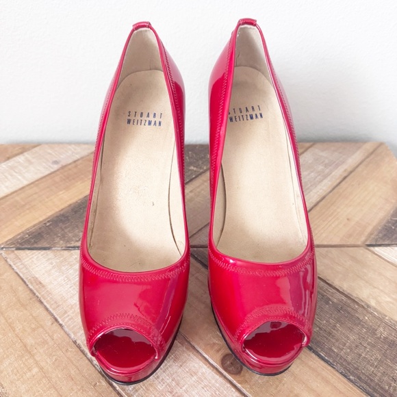 Stuart Weitzman Candle Apple Red Peep-Toe Heels - Picture 7 of 12